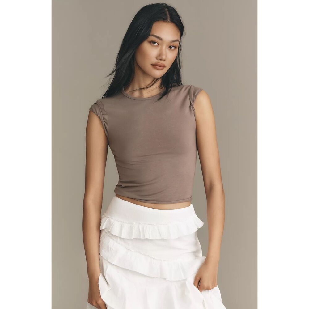 Anthropologie The Evan Raw Edge Baby Tee Mink Tan Large NWOT
